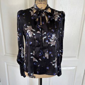 Rebecca Taylor Black & purple Silk top, slight puff, long sleeves & necktie S4